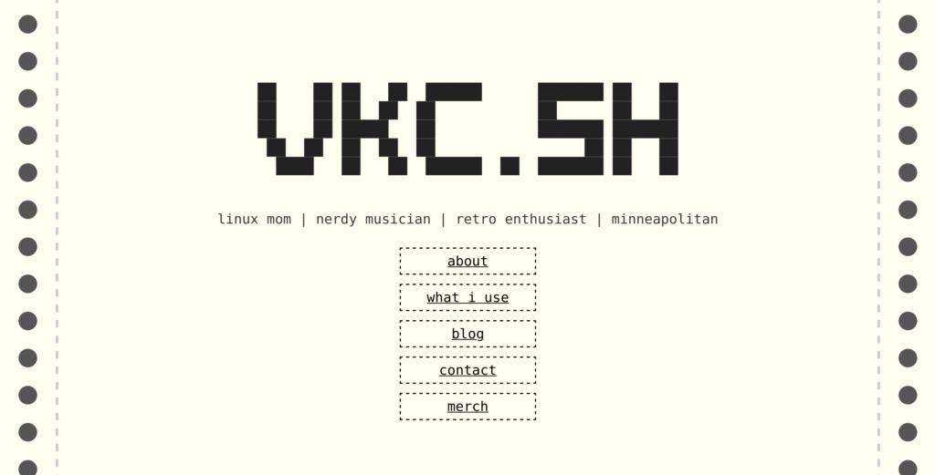 An HTML/CSS rendering of a dot matrix piece of paper, with the letters "VKC.SH" faux-printed in ASCII-art style, and the various links you can click on inside the page.