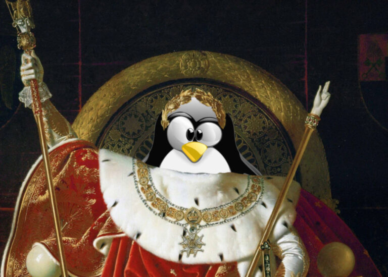 Ingres "Napoleon on his Imperial Throne", only Napoleon is a stylized "Tux" mascot from the Linux community.