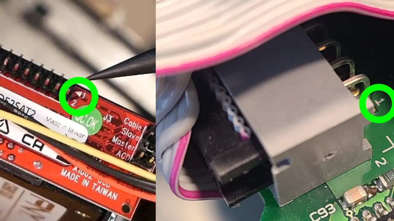 A side by side image of two IDE connectors. On the left is a red board with a pin 1 indicator circled. On the right is a receptacle with cables coming out of it, and the pin 1 on the green circuitboard behind it is circled.