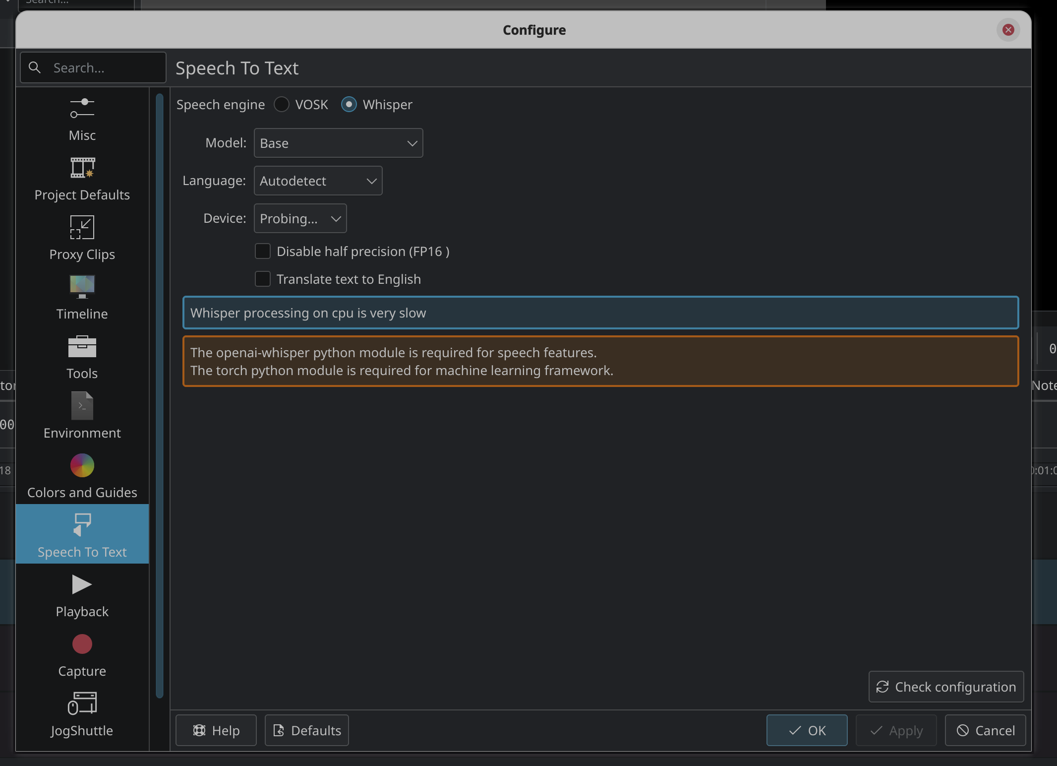 The "Speech To Text" system dialog in Kdenlive 24.02.1.

Several options are displayed, but a warning message states "The openai-whisper python module is required for speech features." Another line in the same warning says "the torch python module is required for machine learning framework." There is no option to attempt to repair the missing features.