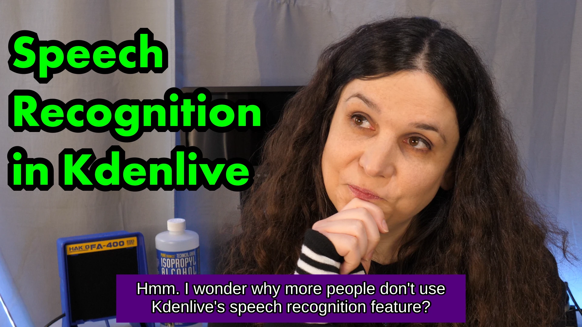 A white woman is making a "thinking" face. Superimposed over the image are the words "Speech Recognition in Kdenlive", and at the bottom of the image, it says "Hmm. I wonder why more people don't use Kdenlive's speech recognition feature?"