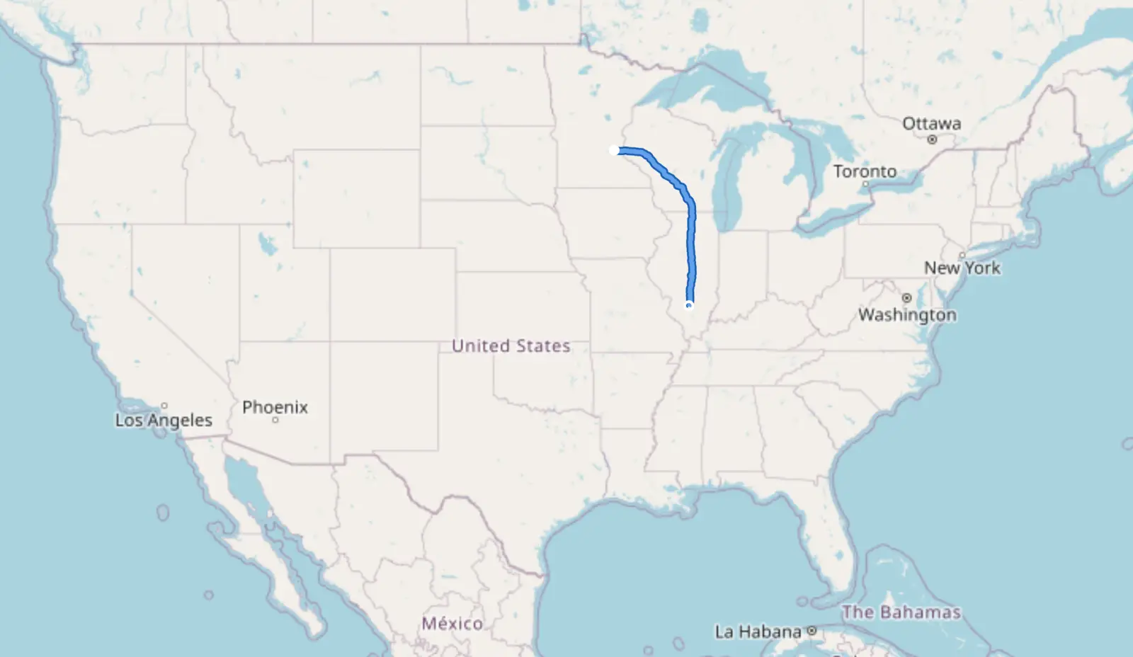 A screenshot of a map of the US with a route highlighted: from central Minnesota to the mid-southern end of Illinois.