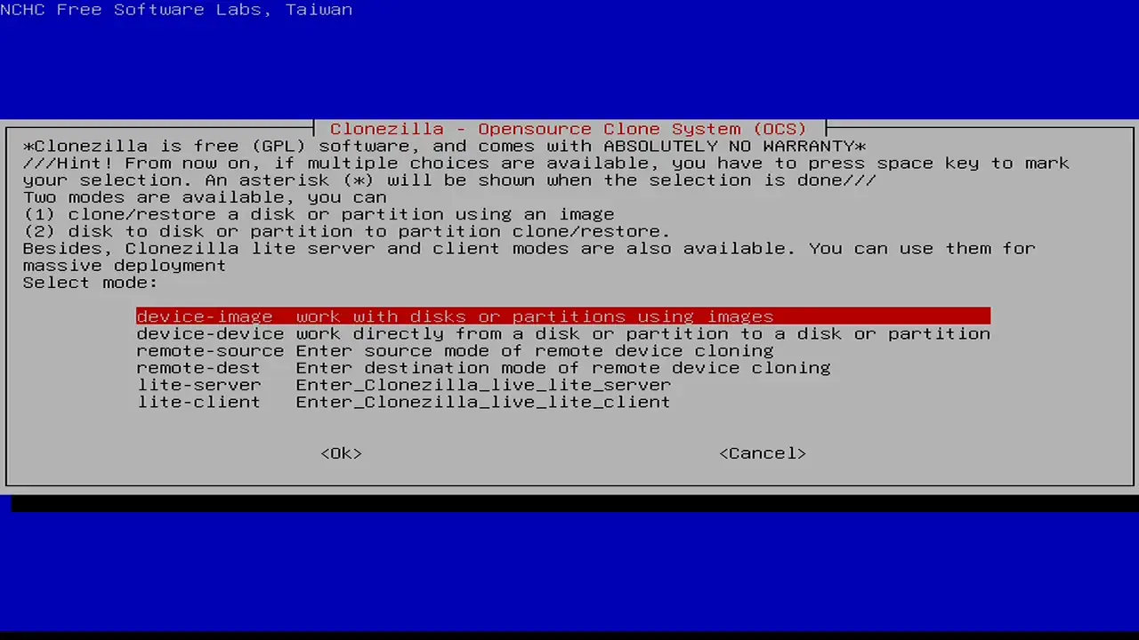 The Clonezilla mode selector screen, with "device-image" mode selected.