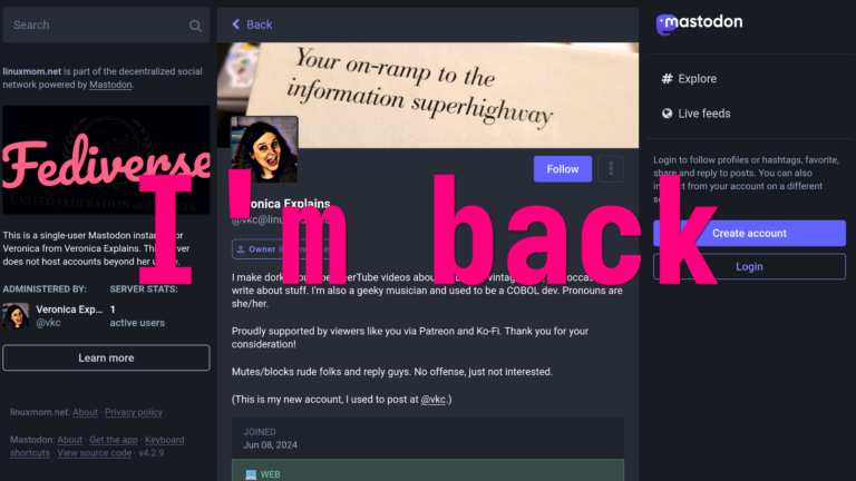 A Mastodon screenshot with the words "I'm back" superimposed on top