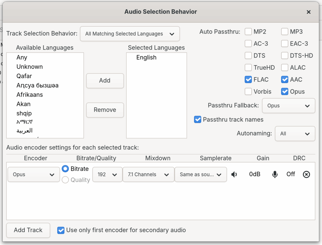 A screenshot of the Audio Selection Behavior screen in Handbrake.