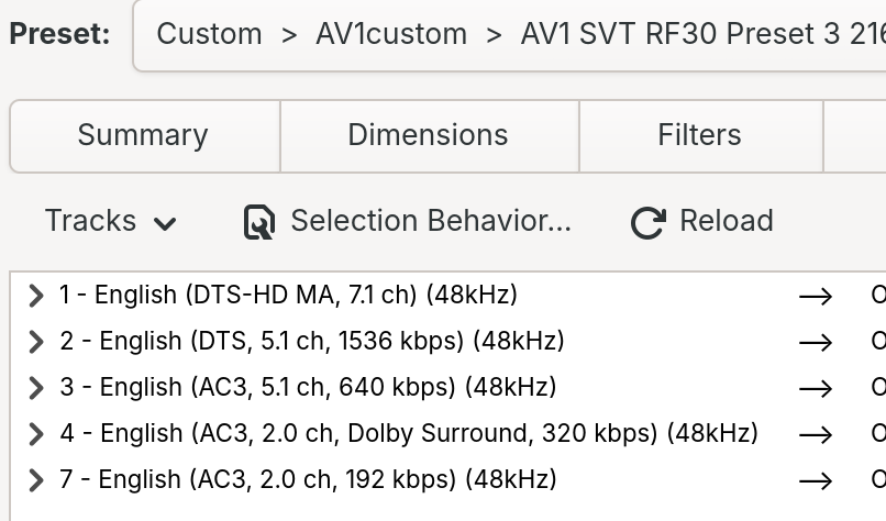 A zoom in on the "Selection Behavior" selector in the Audio tab of Handbrake.